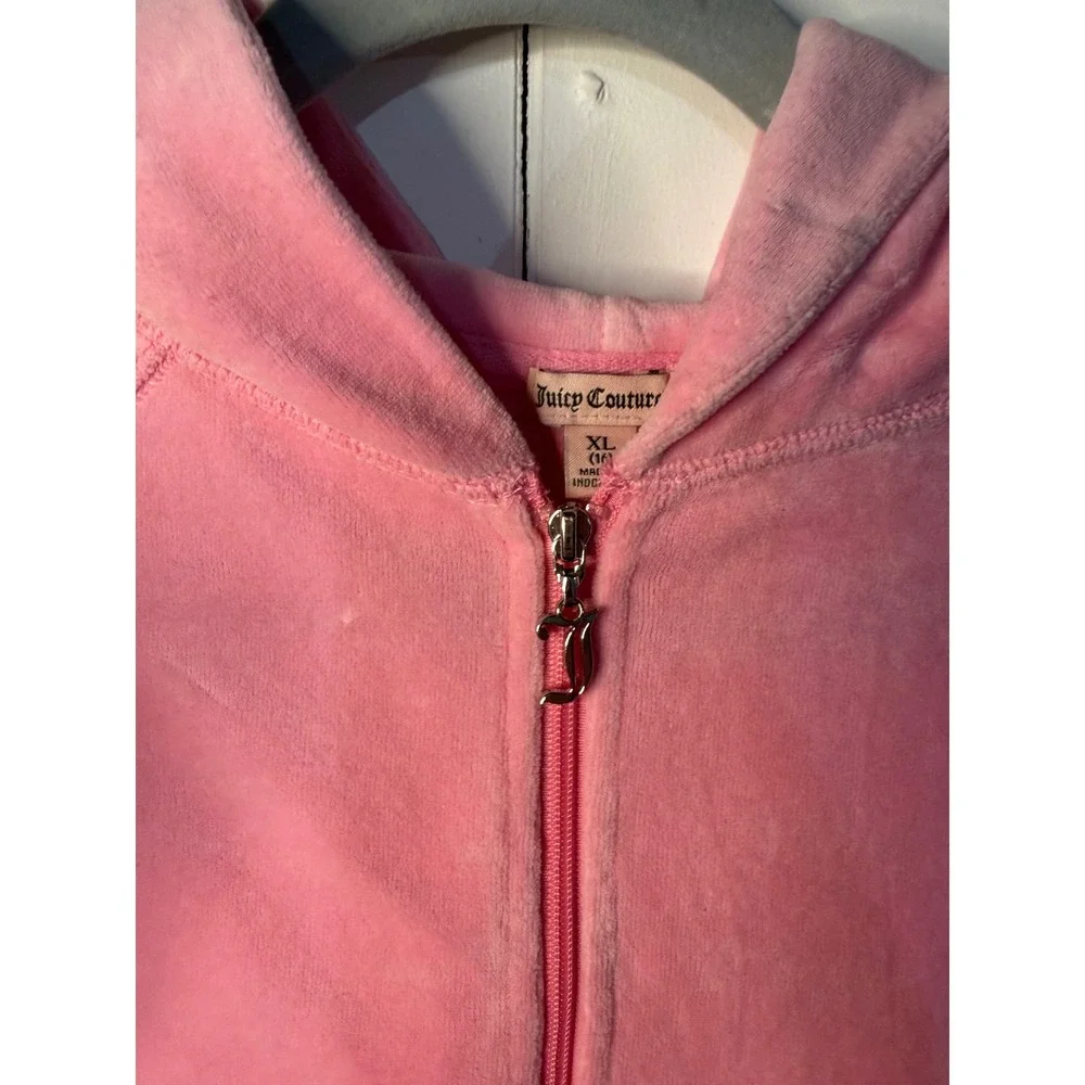 VTG Juicy Couture Hoodie Pink Velour Rhinestone Crest Zip Up Chic Girl XL 16 Y2K